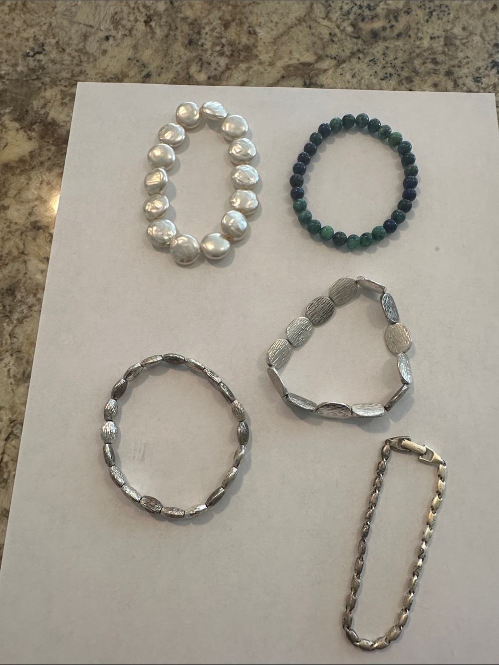 Mixed Silver, Coin Pearl and beaded stretch Bracelets Bundle of 5
